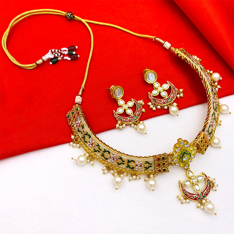 New Sujwel Imitation Hathi Dant Gold Necklace Set (08-0476)