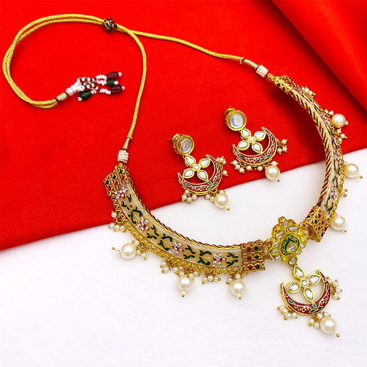 New Sujwel Imitation Hathi Dant Gold Necklace Set (08-0476)