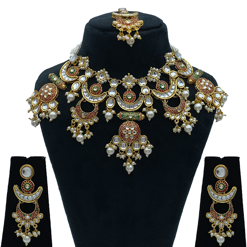 Sujwel Gold-Plated Kundan Necklace Set with Earrings, and Tikka for Girls and Women (08-0530)
