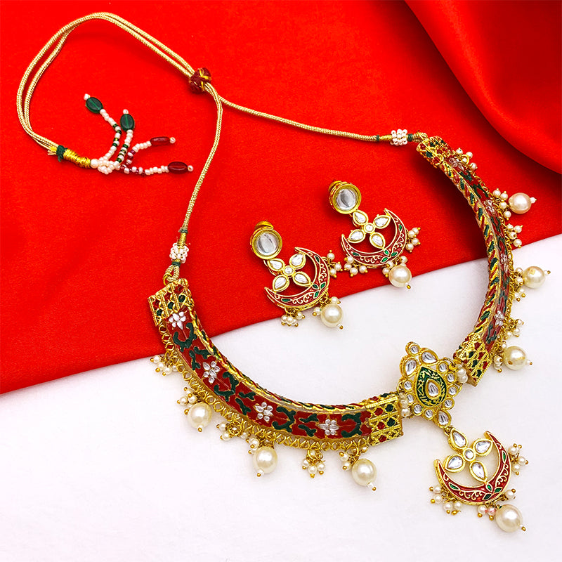 New Sujwel Imitation Hathi Dant Gold Necklace Set (08-0476)