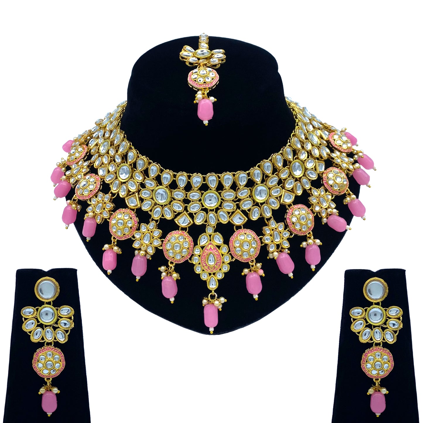 Sujwel Gold Kundan Necklace And Earrings With Maangtikka (08-0508)