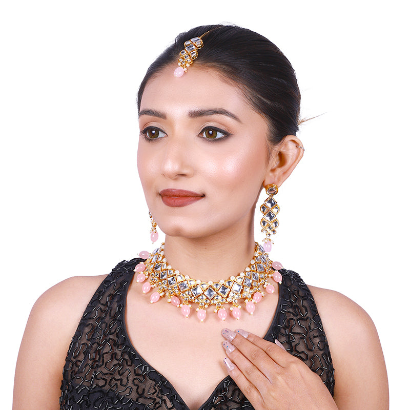 Sujwel Gold Kundan Necklace And Earrings With Maangtikka (08-0502)