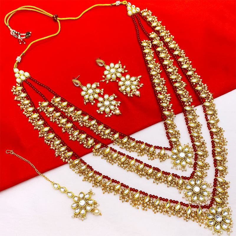 Sujwel Gold Plated Kundan 3 Layered Long Jewellery Set for Women (08-0108)