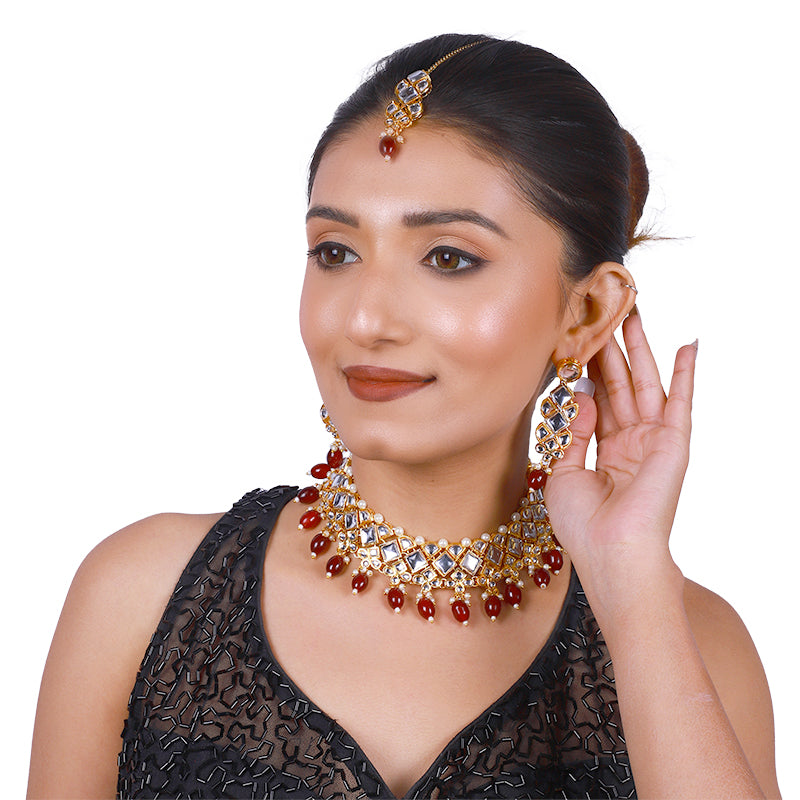 Sujwel Gold Kundan Necklace And Earrings With Maangtikka (08-0502)
