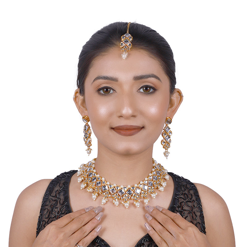 Sujwel Gold Kundan Necklace And Earrings With Maangtikka (08-0502)