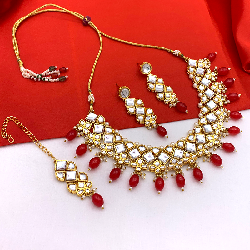 Sujwel Gold Kundan Necklace And Earrings With Maangtikka (08-0502)