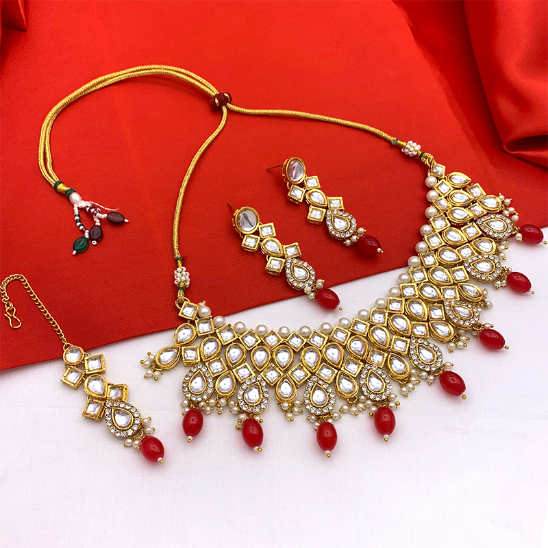 Sujwel Gold Kundan Necklace And Earrings With Maangtikka (08-0503)