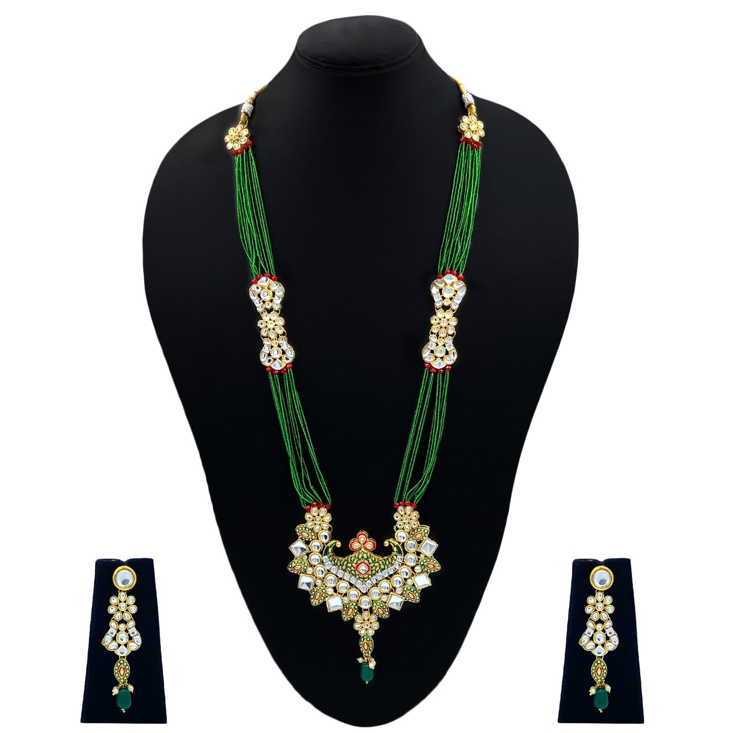 Sujwel Gold Kundan Meenakari Long Necklace And Earrings(08-0506)