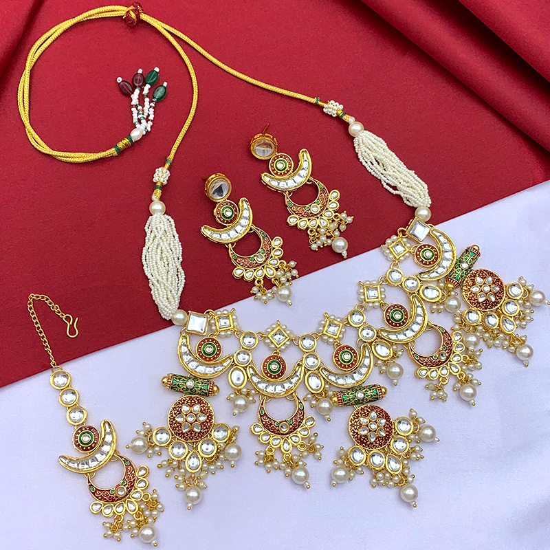 Sujwel Gold-Plated Kundan Necklace Set with Earrings, and Tikka for Girls and Women (08-0530)
