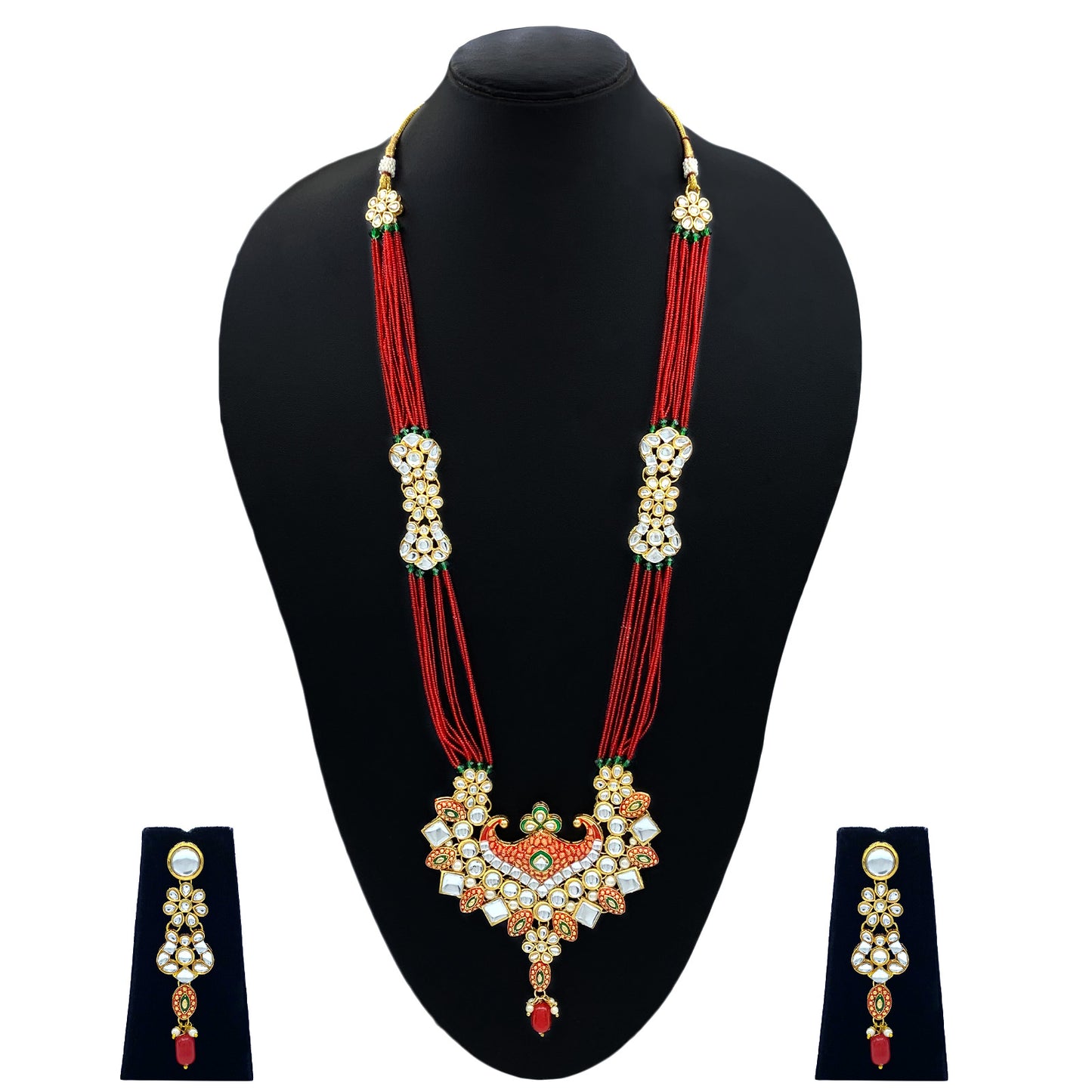 Sujwel Gold Kundan Meenakari Long Necklace And Earrings(08-0506)