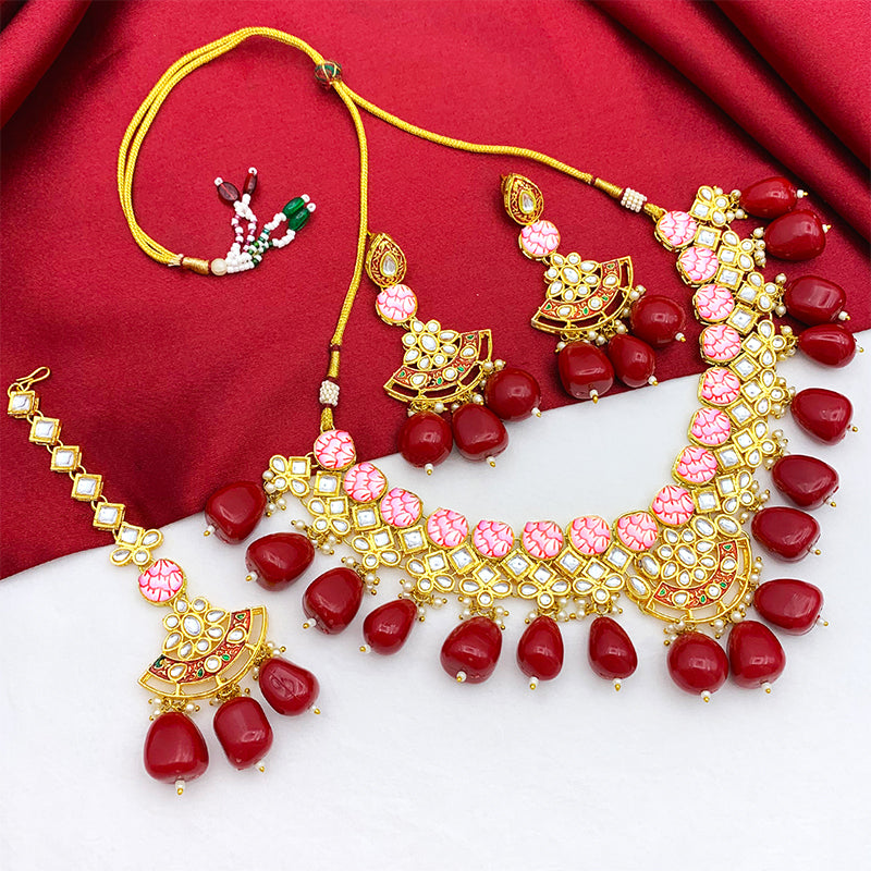 Sujwel Gold Toned Kundan Lamination Floral Design Necklace Set (08-0440)