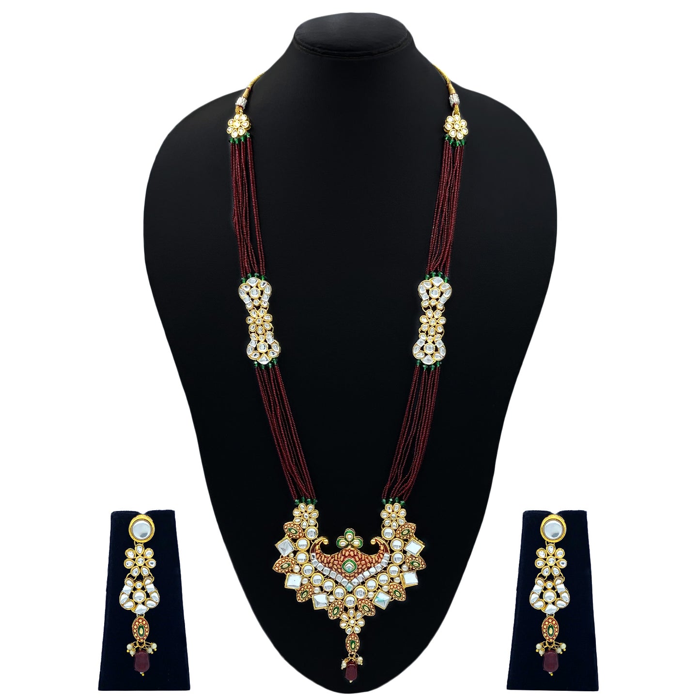 Sujwel Gold Kundan Meenakari Long Necklace And Earrings(08-0506)
