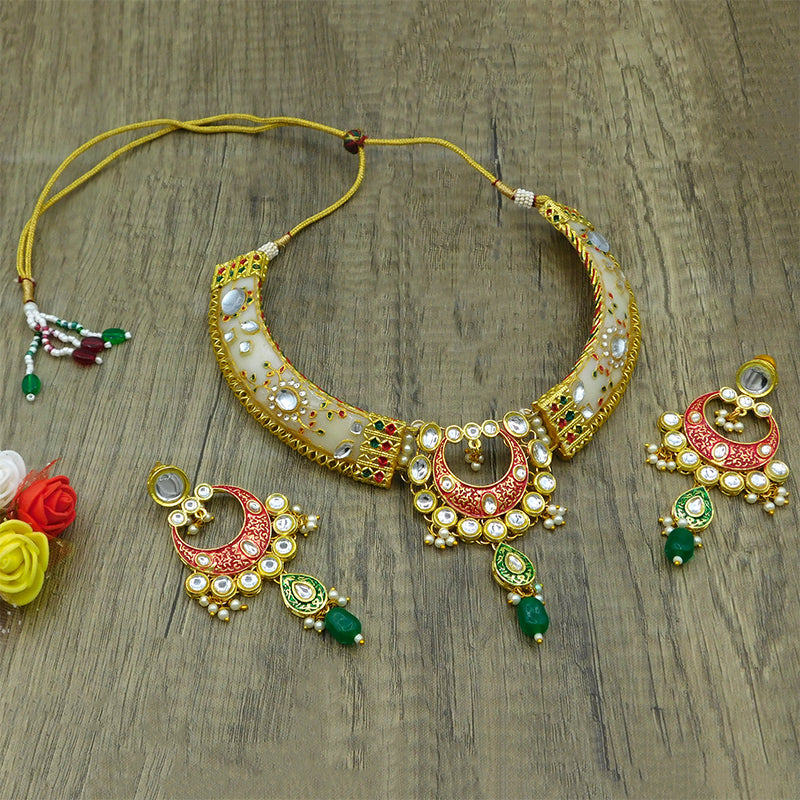 New Sujwel Imitation Hathi Dant Gold Necklace Set (08-0474)