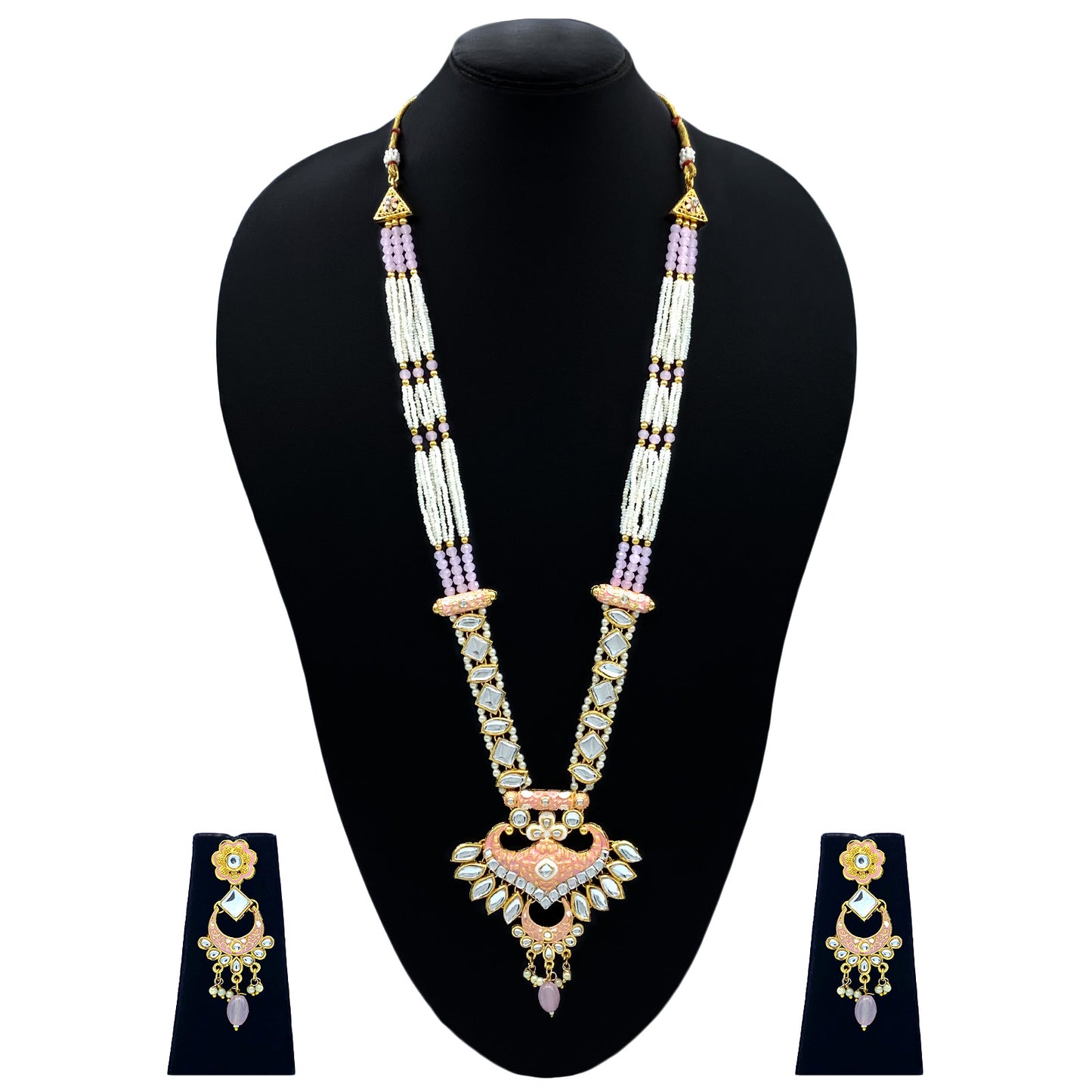 Sujwel Gold Kundan Meenakari Long Necklace And Earrings (08-0536)