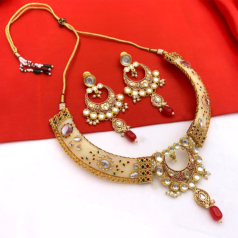 New Sujwel Imitation Hathi Dant Gold Necklace Set (08-0474)