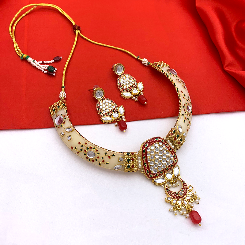 Sujwel Imitation Hathi Dant Gold Necklace Set (08-0473)
