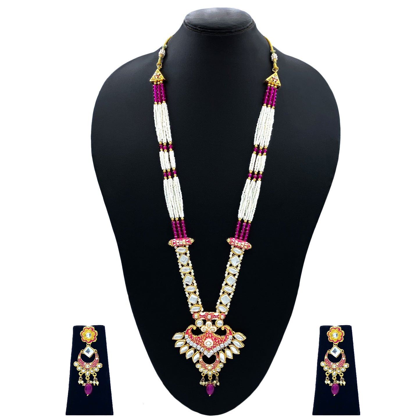 Sujwel Gold Kundan Meenakari Long Necklace And Earrings (08-0536)