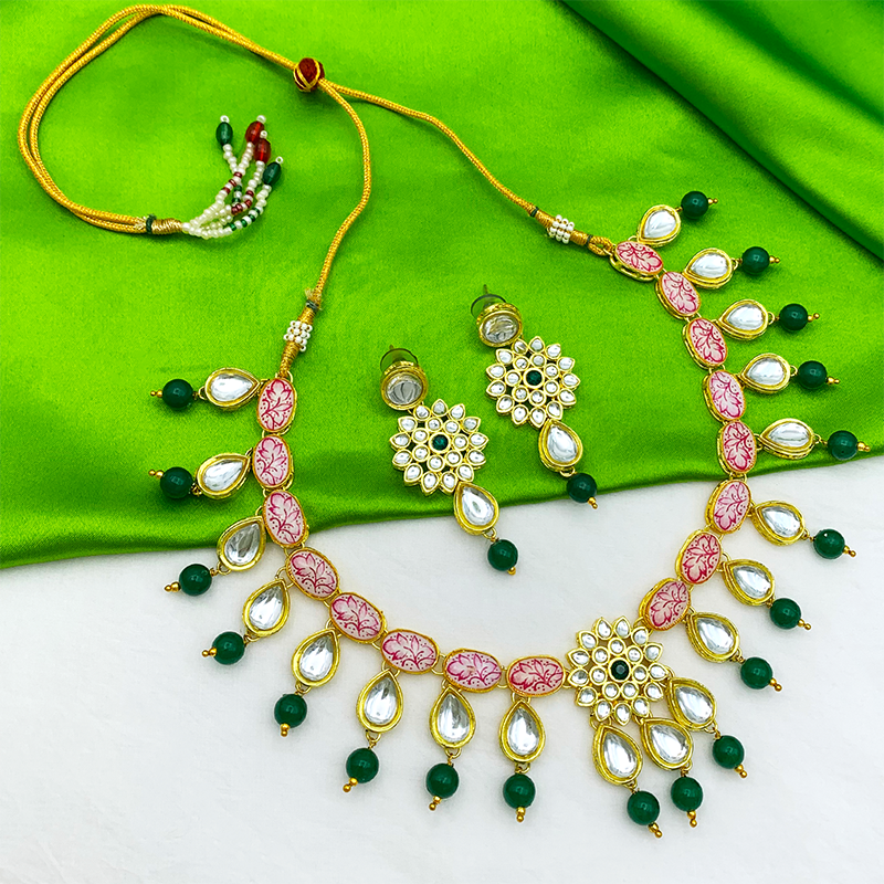 Sujwel Kundan and Painting with Floral Design Chokar Necklace Set (08-0229)