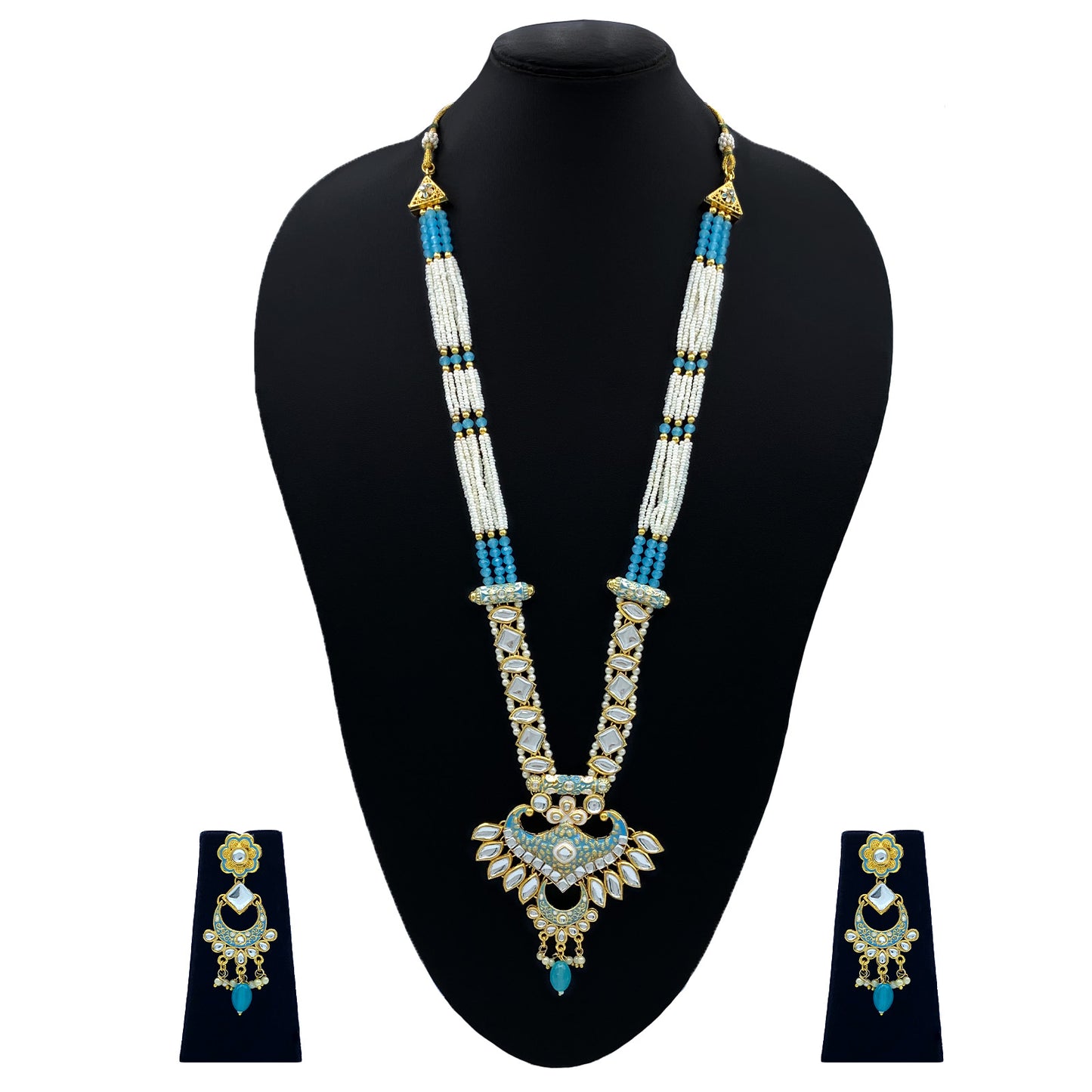 Sujwel Gold Kundan Meenakari Long Necklace And Earrings (08-0536)