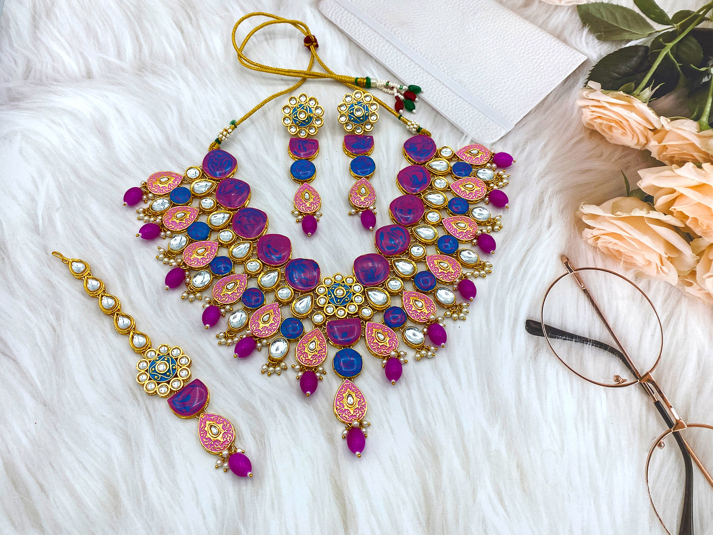 Kundan Meenakari Floral Set (08-0500)