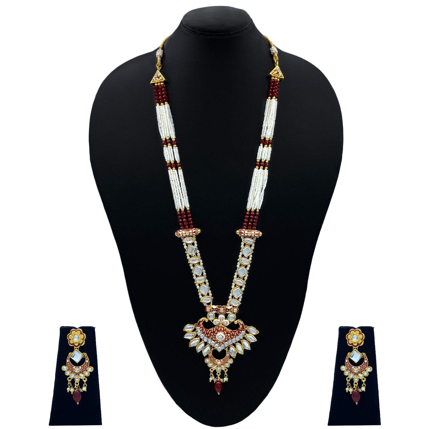 Sujwel Gold Kundan Meenakari Long Necklace And Earrings (08-0536)