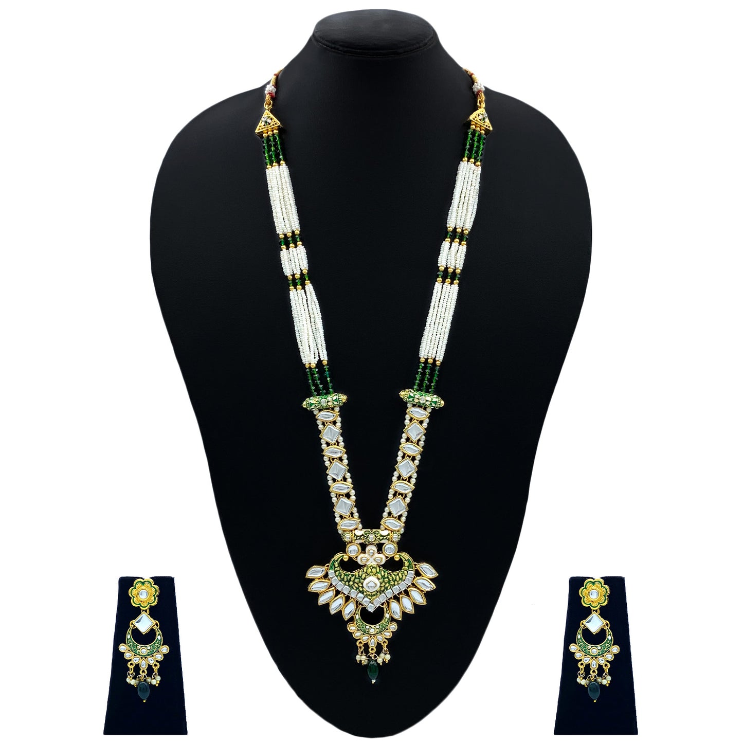 Sujwel Gold Kundan Meenakari Long Necklace And Earrings (08-0536)