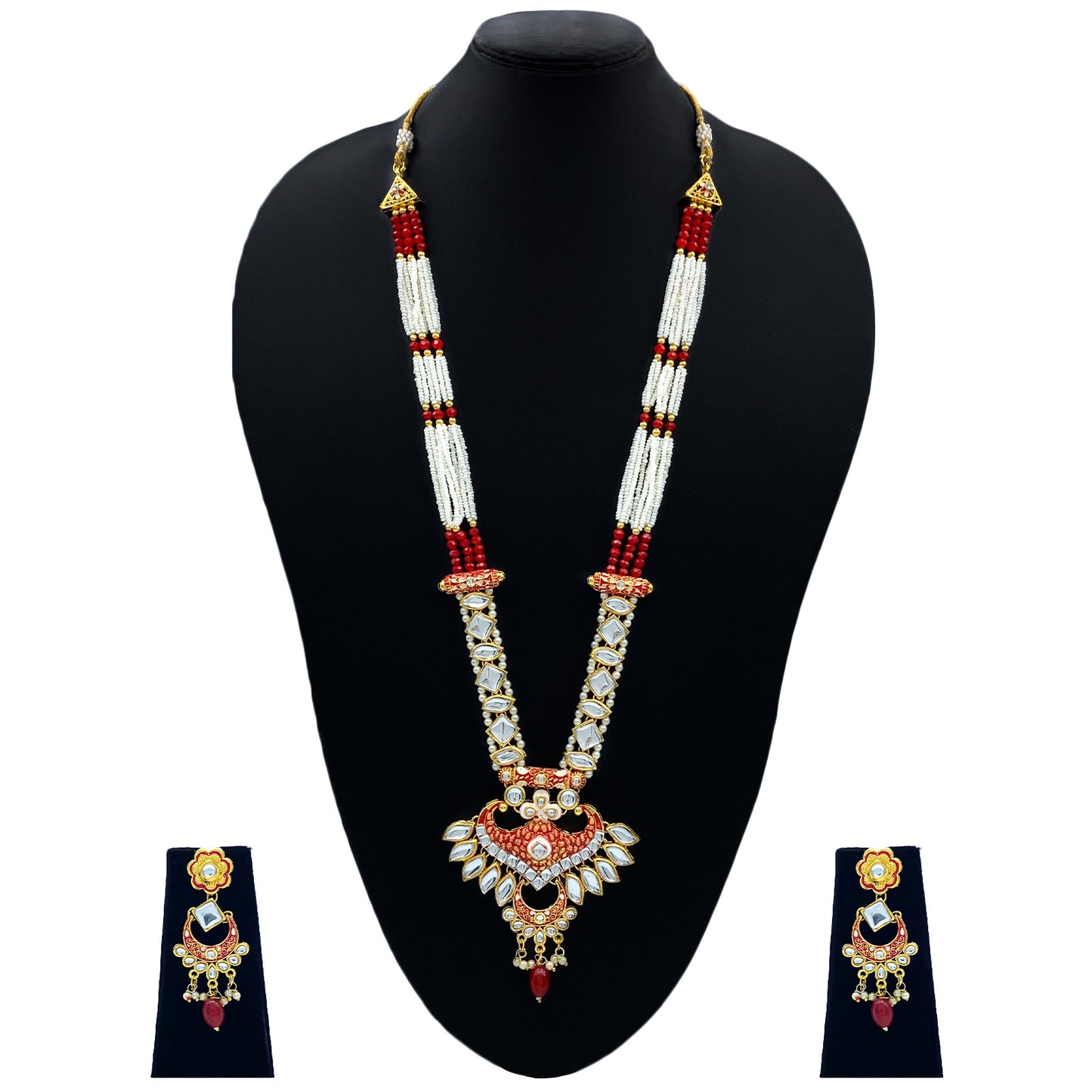 Sujwel Gold Kundan Meenakari Long Necklace And Earrings (08-0536)