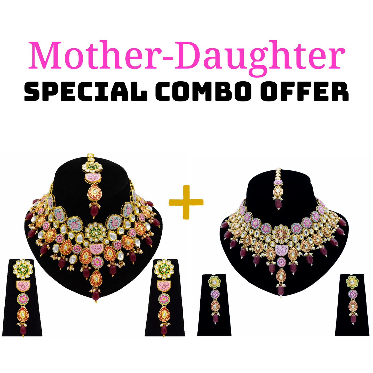 Mother-Daughter Kundan Meenakari Necklace Combo Set (08-0553)
