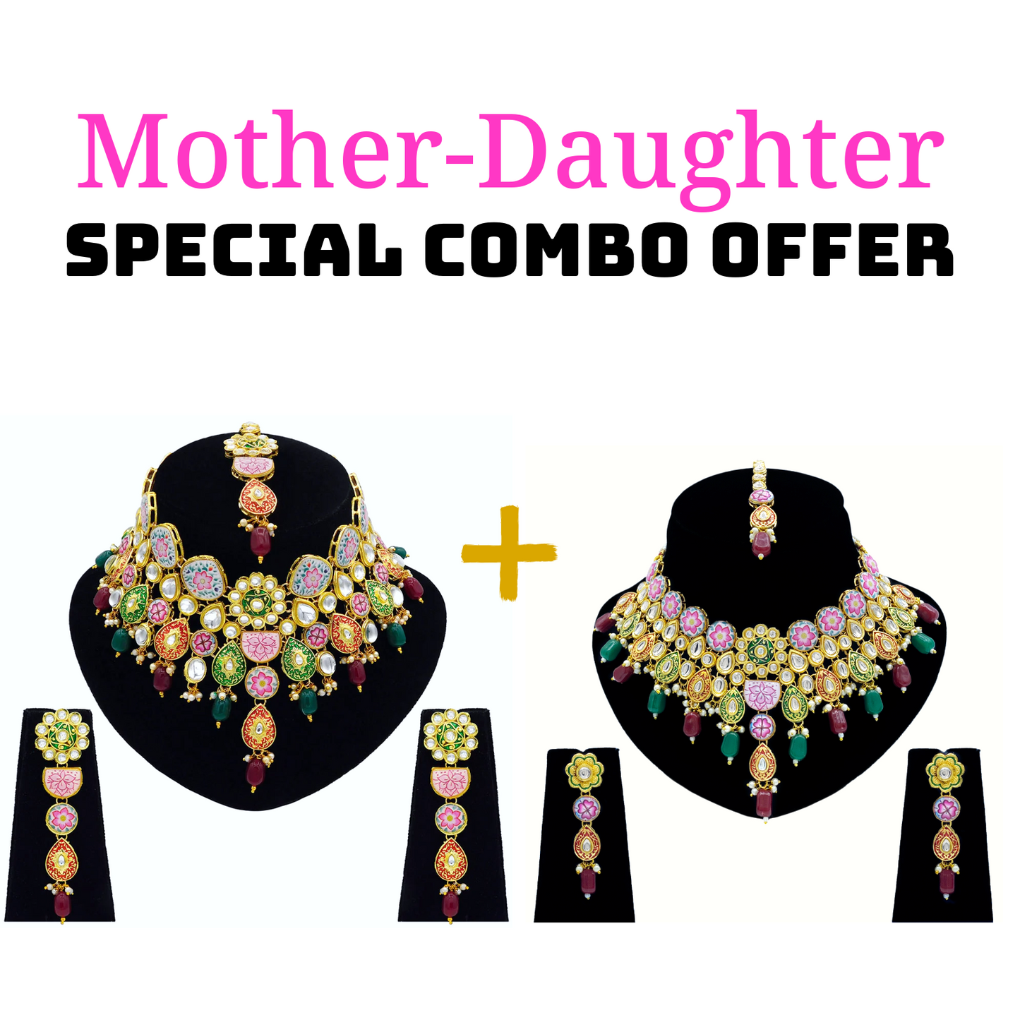Mother-Daughter Kundan Meenakari Necklace Combo Set (08-0553)