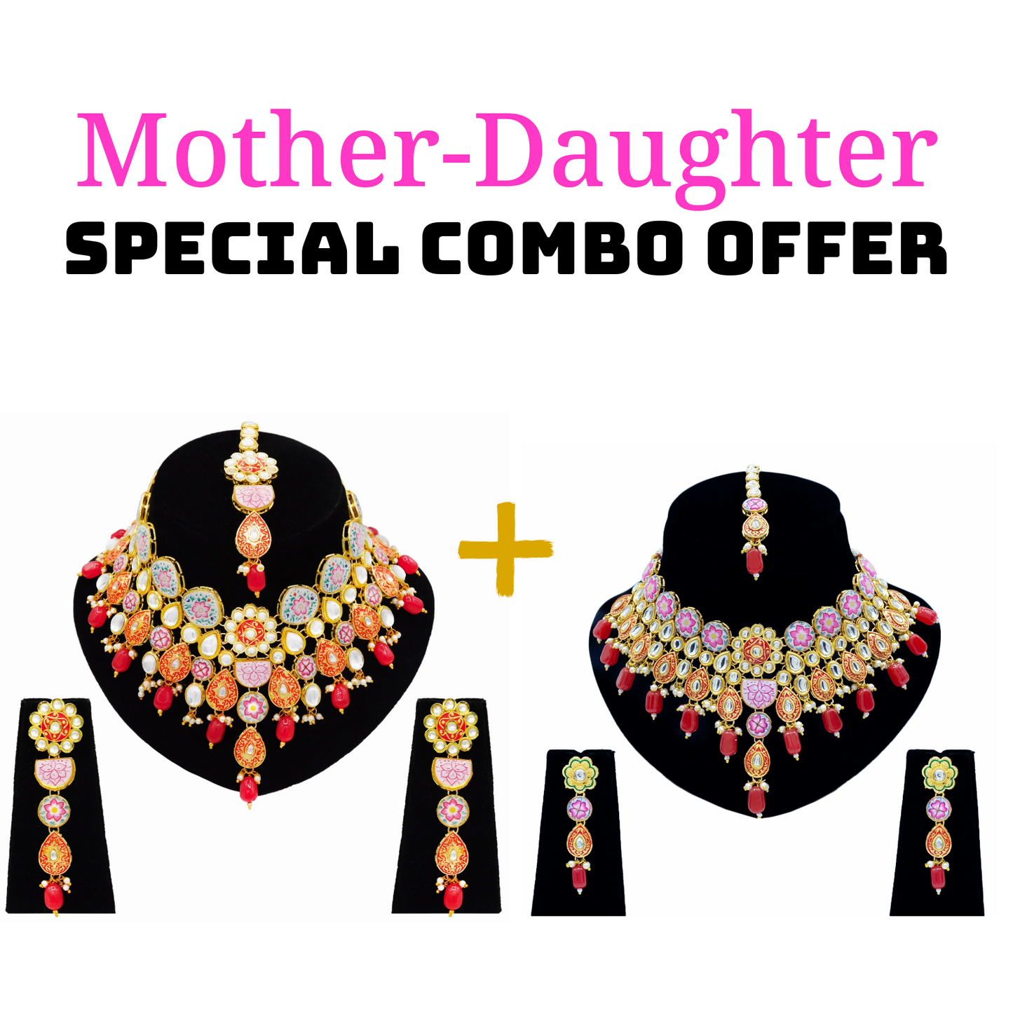 Mother-Daughter Kundan Meenakari Necklace Combo Set (08-0553)