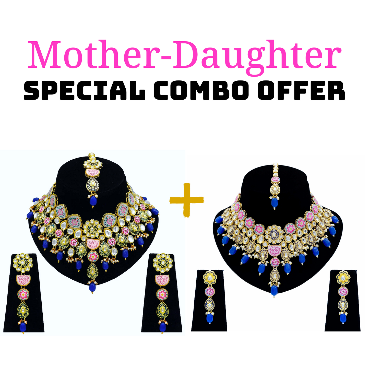 Mother-Daughter Kundan Meenakari Necklace Combo Set (08-0553)