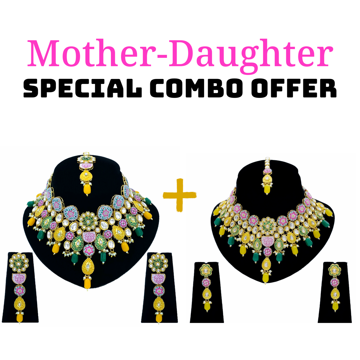 Mother-Daughter Kundan Meenakari Necklace Combo Set (08-0553)