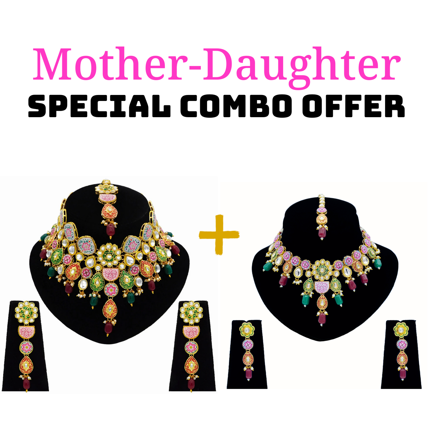 Mother-Daughter Kundan Meenakari Necklace Combo Set (08-0554)