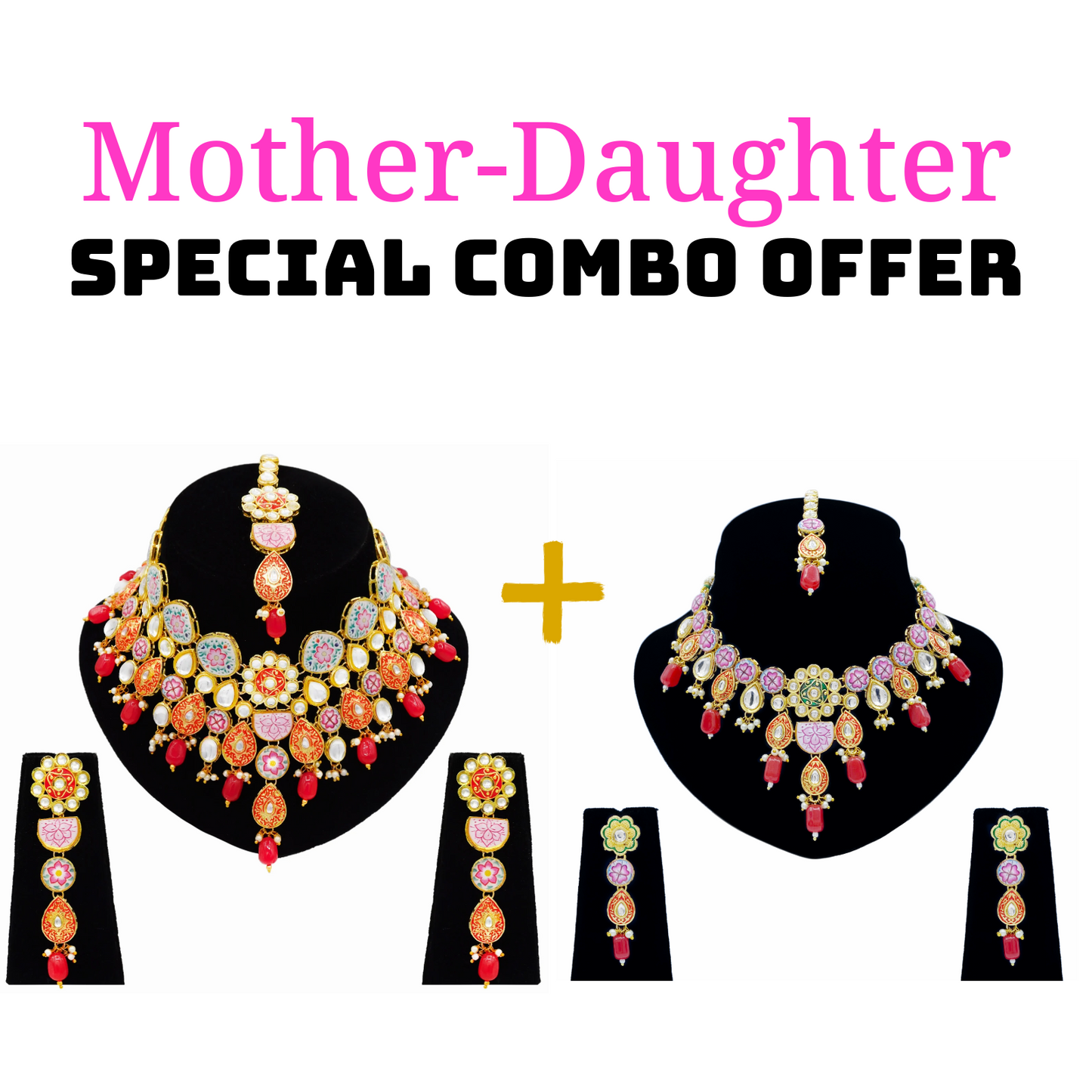 Mother-Daughter Kundan Meenakari Necklace Combo Set (08-0554)