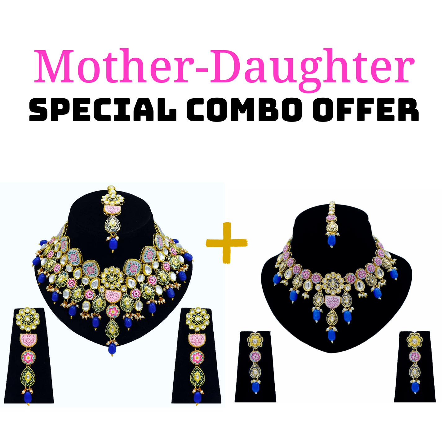 Mother-Daughter Kundan Meenakari Necklace Combo Set (08-0554)