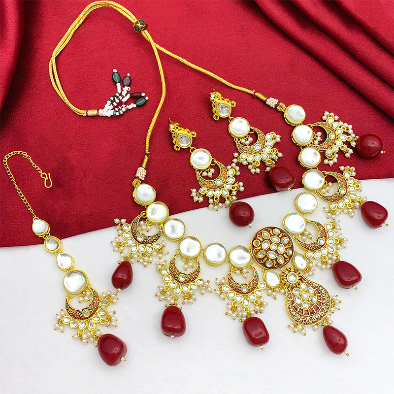 Sujwel Gold Toned Kundan Lamination Floral Design Necklace Set (08-0456)