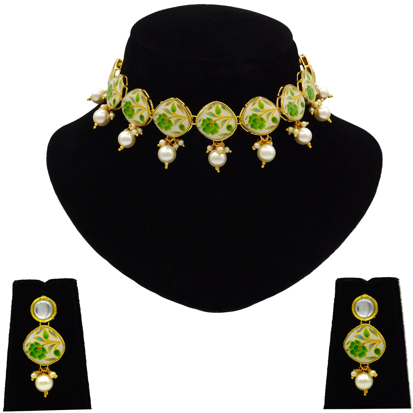 Sujwel Painting with Floral Design Chokar Necklace Set (08-0432)