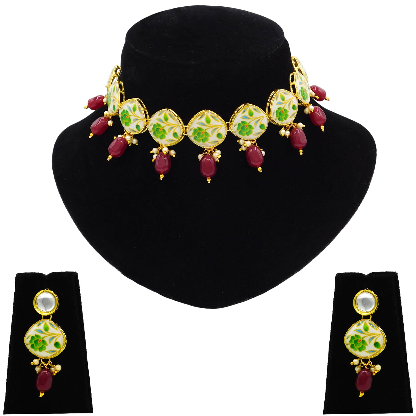 Sujwel Painting with Floral Design Chokar Necklace Set (08-0432)
