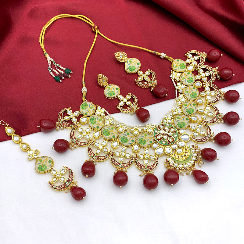 Sujwel Gold Plated Kundan Floral Design Choker Necklace For Women (08-0439)
