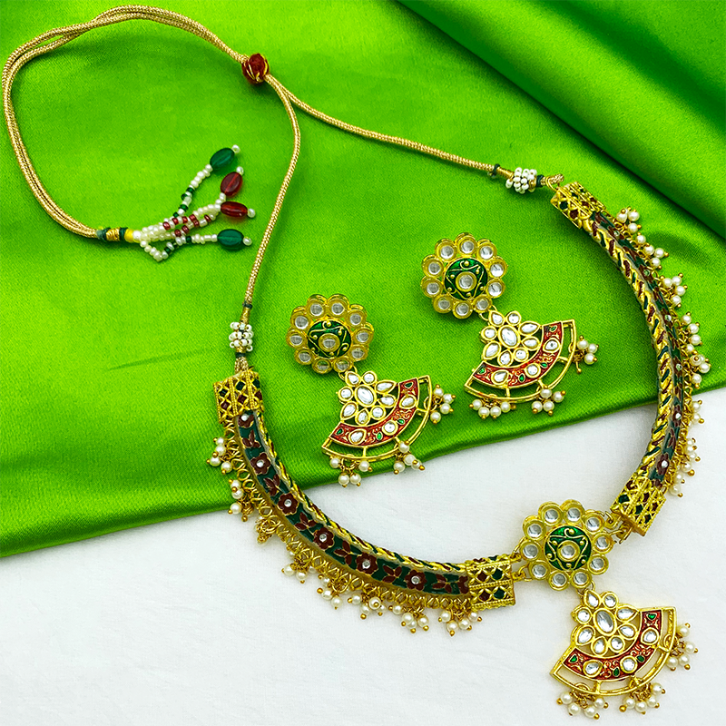 New Sujwel Imitation Hathi Dant Gold Necklace Set (08-0477)