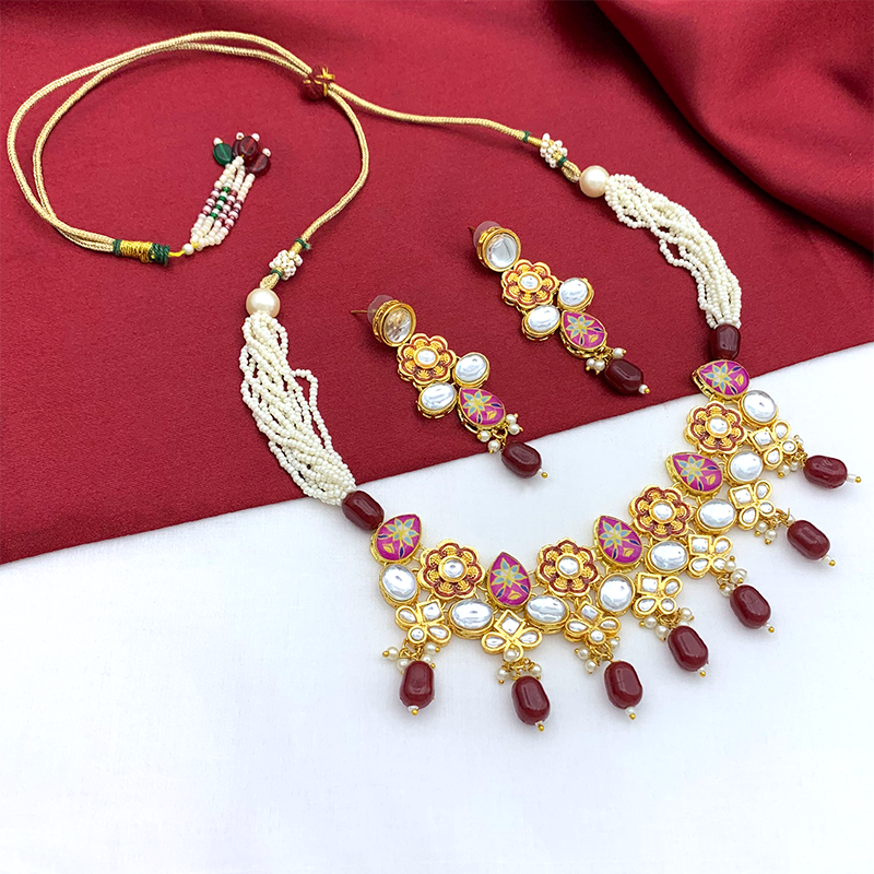 Sujwel Gold Plated Kundan Floral Design Choker Necklace Set (08-0482)