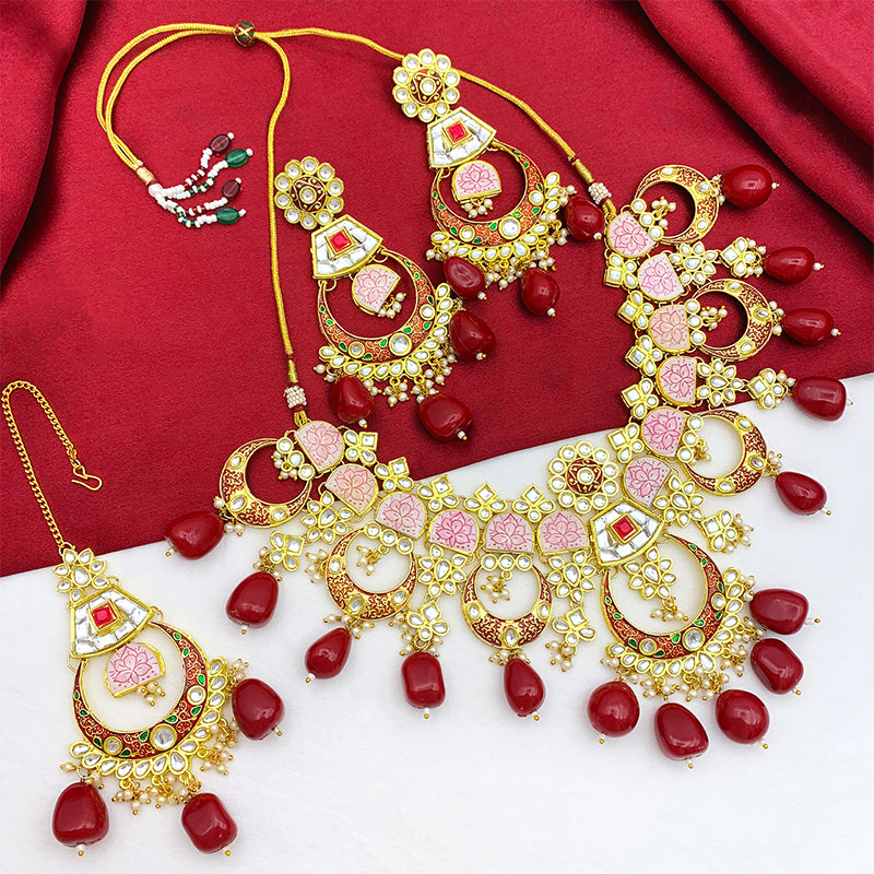 Sujwel Gold Toned Kundan Lamination Floral Design Necklace Set (08-0444)