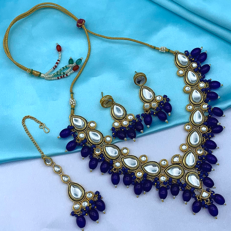 Sujwel Gold-Plated Kundan Necklace Set with Earrings, and Tikka for Girls and Women (08-0532)