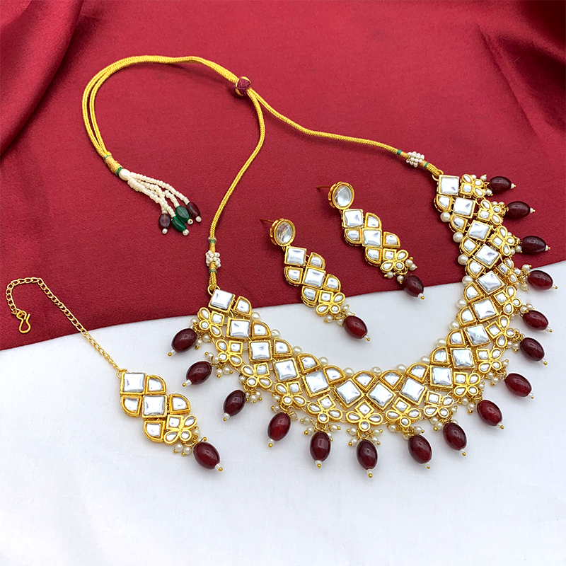 Sujwel Gold Kundan Necklace And Earrings With Maangtikka (08-0502)