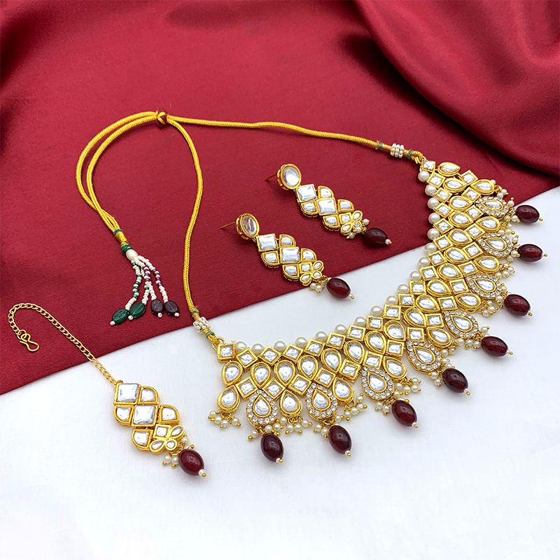 Sujwel Gold Kundan Necklace And Earrings With Maangtikka (08-0503)