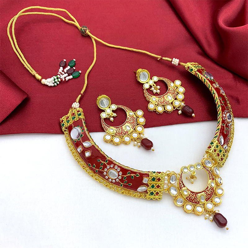 New Sujwel Imitation Hathi Dant Gold Necklace Set (08-0474)