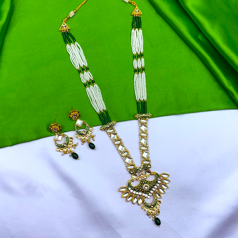 Sujwel Gold Kundan Meenakari Long Necklace And Earrings (08-0536)