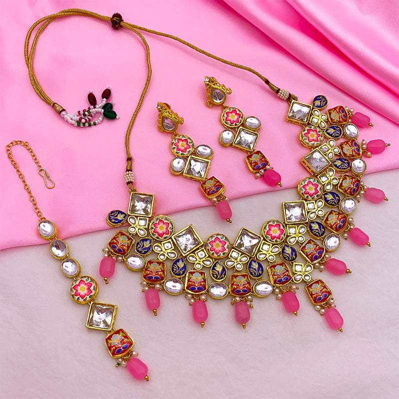 Sujwel Gold Plated Kundan Floral Design Choker Necklace Set (08-0271)