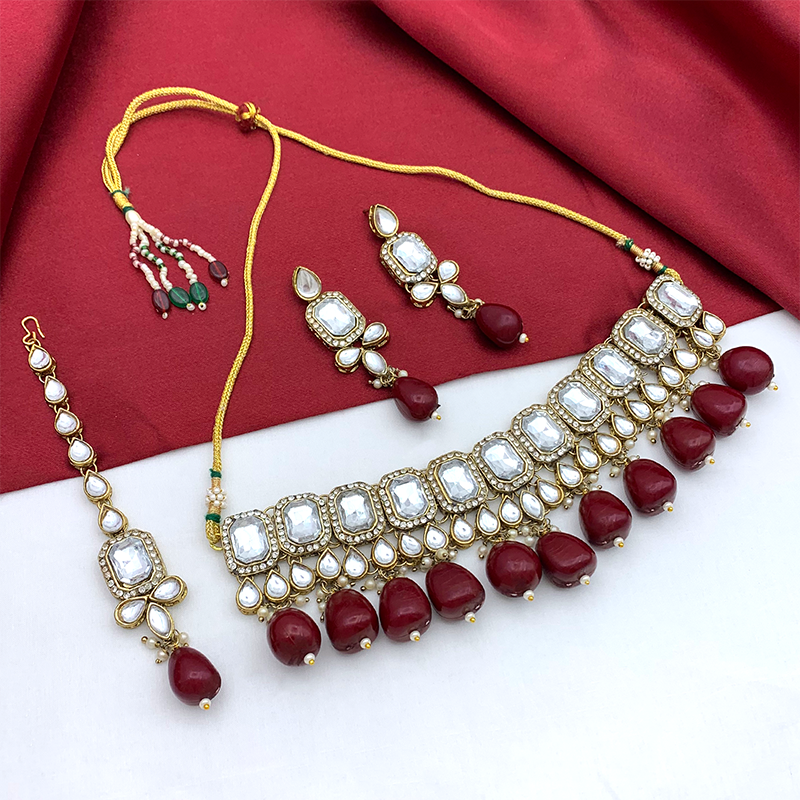 Sujwel Kundan Necklace Set with Earrings, and Tikka for Girls and Women (08-0518)