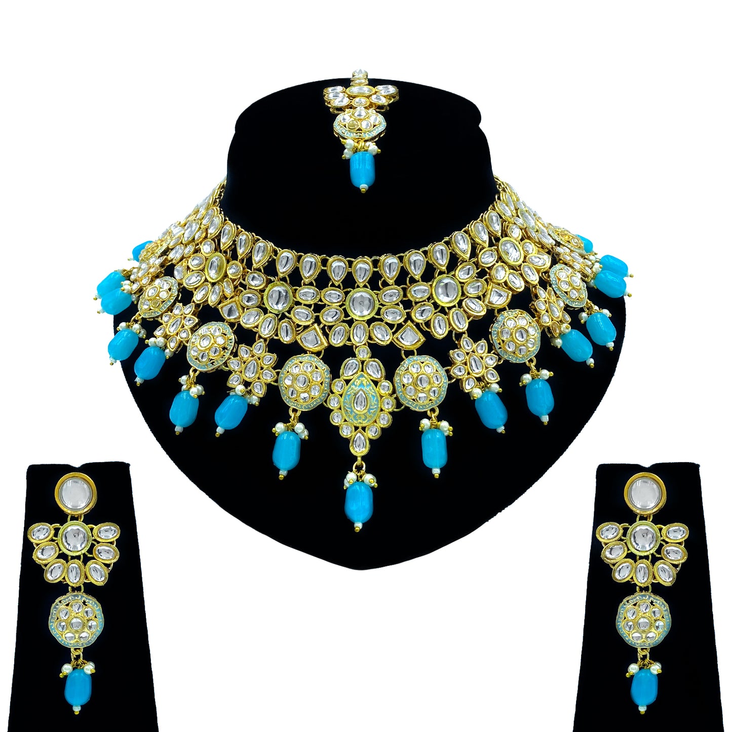 Sujwel Gold Kundan Necklace And Earrings With Maangtikka (08-0508)